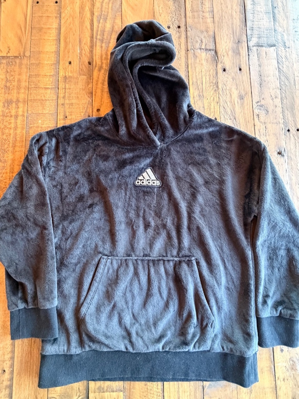 Adidas Girls Plush Hoodie Black Cozy Pullover Youth 14 EUC